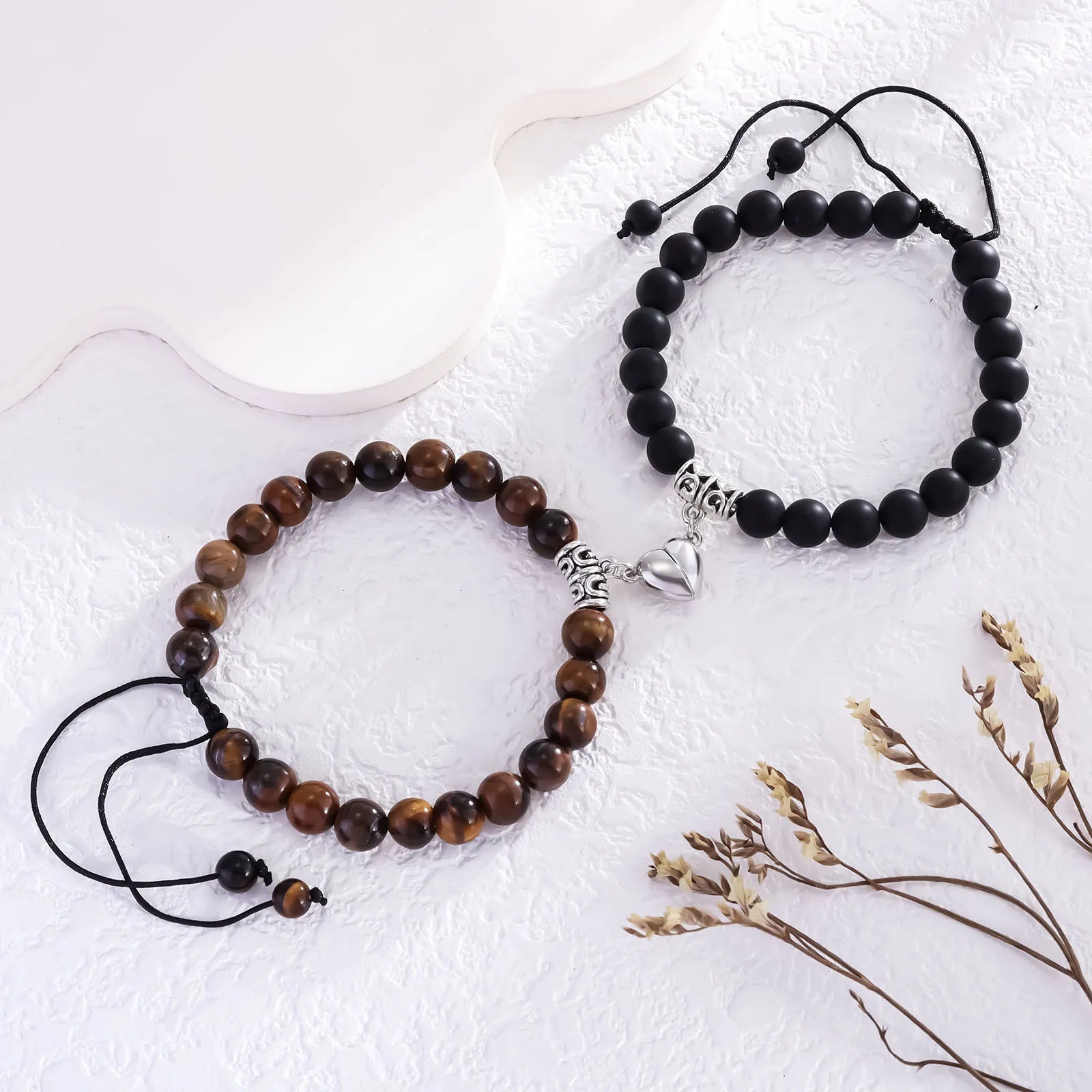 2Pcs/Set Natural Stone Beaded Heart Magnet Attraction Couple Bracelets For Women Men Simple Love Relationship Bracelet Jewelry