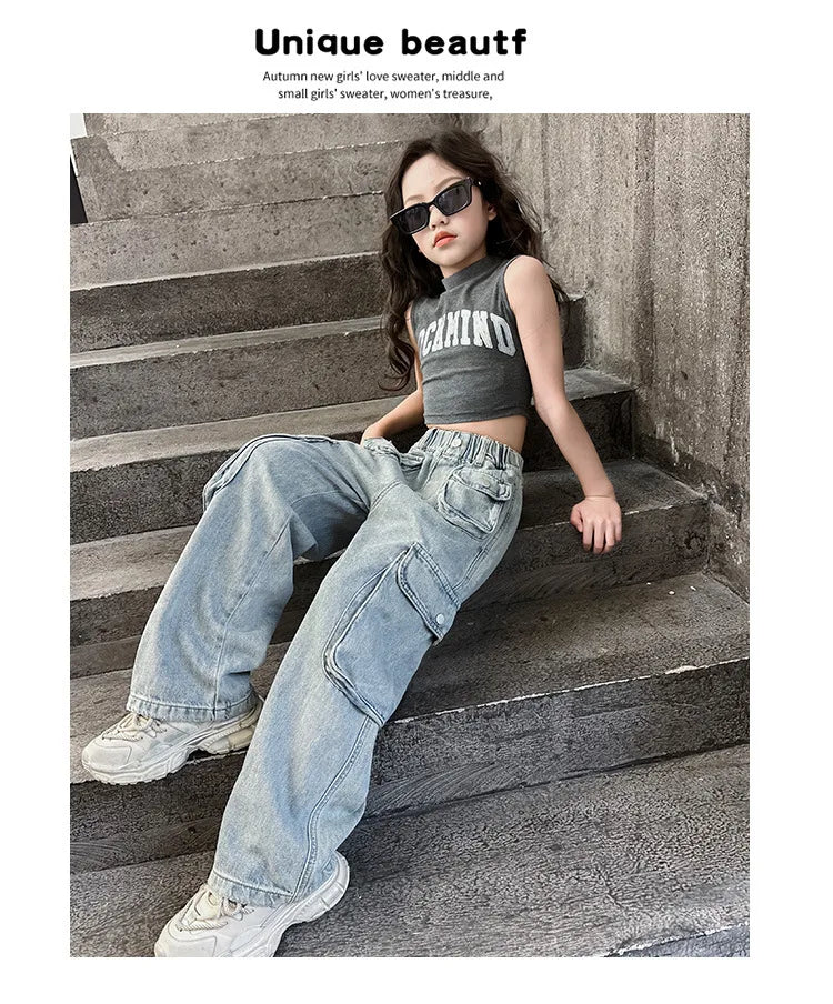 Girls Trousers Big Pocket Jeans 2025 Spring and Summer New Large Children Loose Cargo Pants Stylish Baggy Pants Simple Casual
