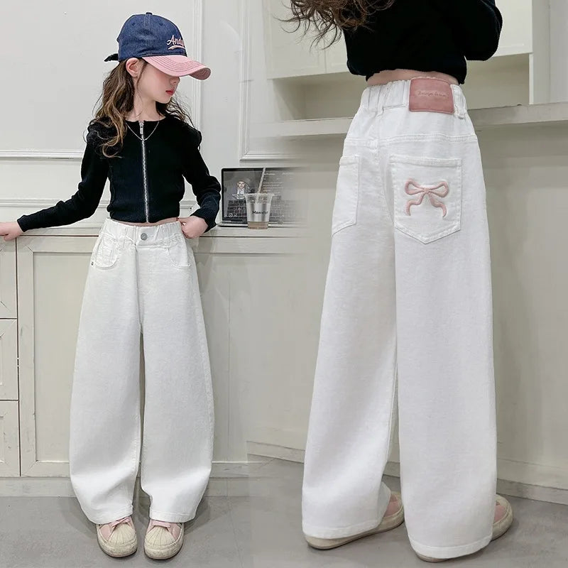 Girls Casual Trousers Cotton Spring Autumn Teenage Kid Straight Leg Pants Embroidered Butterfly Knot Wide Leg Pants for Children