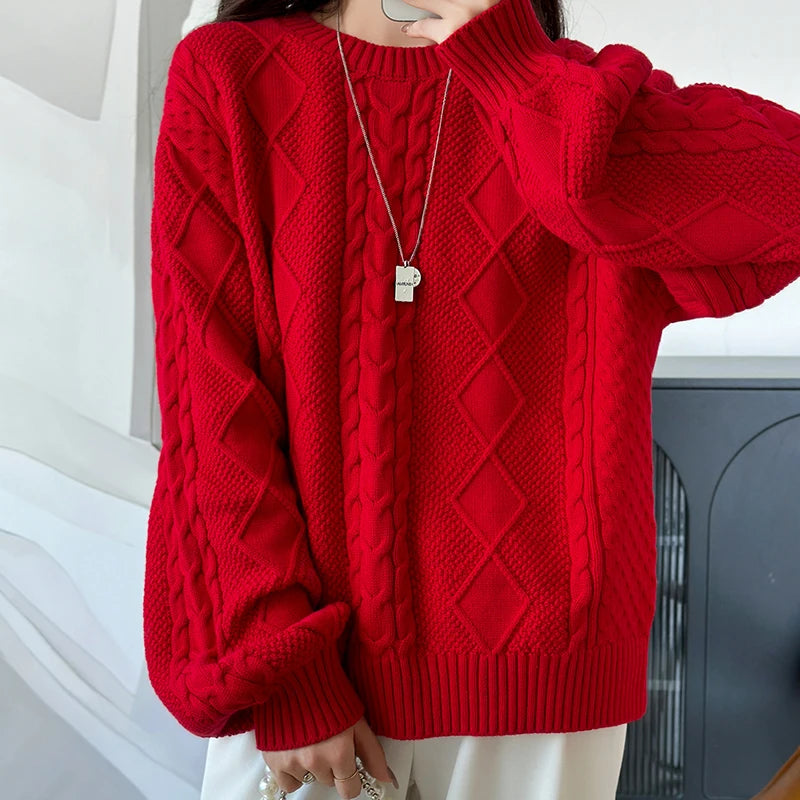 YTFidio 100% Cotton Women O-neck Thickened Twisted Flower Pullover Sweater Luxury Designer Clothing Plus Size 400
