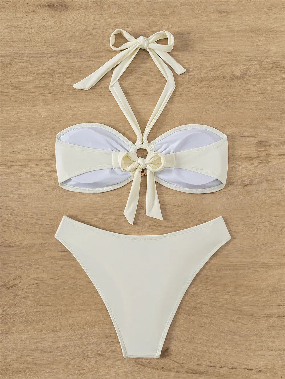 Halter Bandeau Solid White Bikinis Sets Woman Metal Ring Swimwear Hollow Out Sexy Swimsuit 2026 Bathing Suit Bikinis De Mujer
