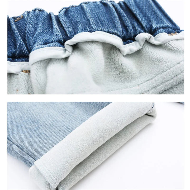 Elegant Children Insulated Jeans for Girls Fashion Heart Pocket Winter Warm Denim Pants Kids Child Fleece Lined Jeans Trousers