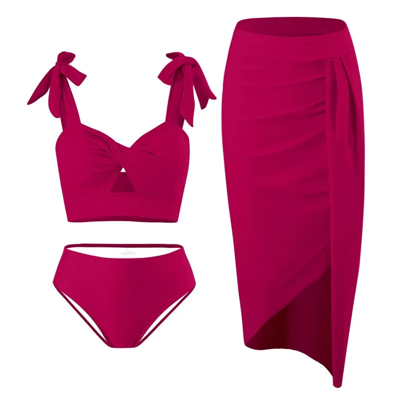 2025 Summer Family Matching Swimsuit Bikini Mother Daughter Bow Swimwear Mom Baby Girls Clothing Set 3PCS Mom's Swimsuit Skirt