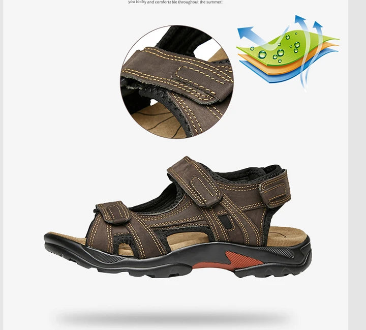 COW LEATHER Men's Sandals Outdoor Beach Sports Shoes Genuine Leather Roman Sandals Lightweight Open Toe Sandals Plus Size 38-48