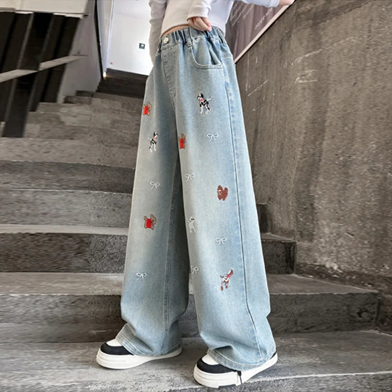Autumn Girls' Jeans Cartoon Embroidered Children Denim Pants New Kids Loose Straight-leg Trousers Teenager Spring Clothing 4-14Y