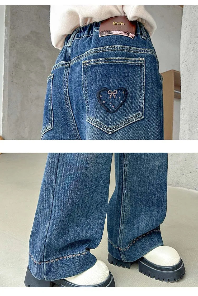 Elegant Children Insulated Jeans for Girls Fashion Heart Pocket Winter Warm Denim Pants Kids Child Fleece Lined Jeans Trousers