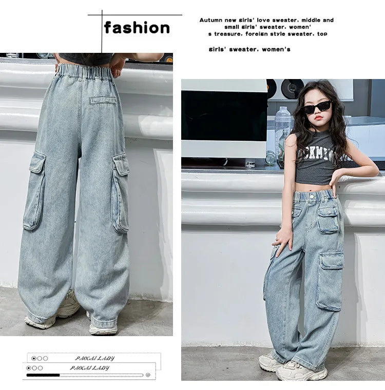 Girls Trousers Big Pocket Jeans 2025 Spring and Summer New Large Children Loose Cargo Pants Stylish Baggy Pants Simple Casual