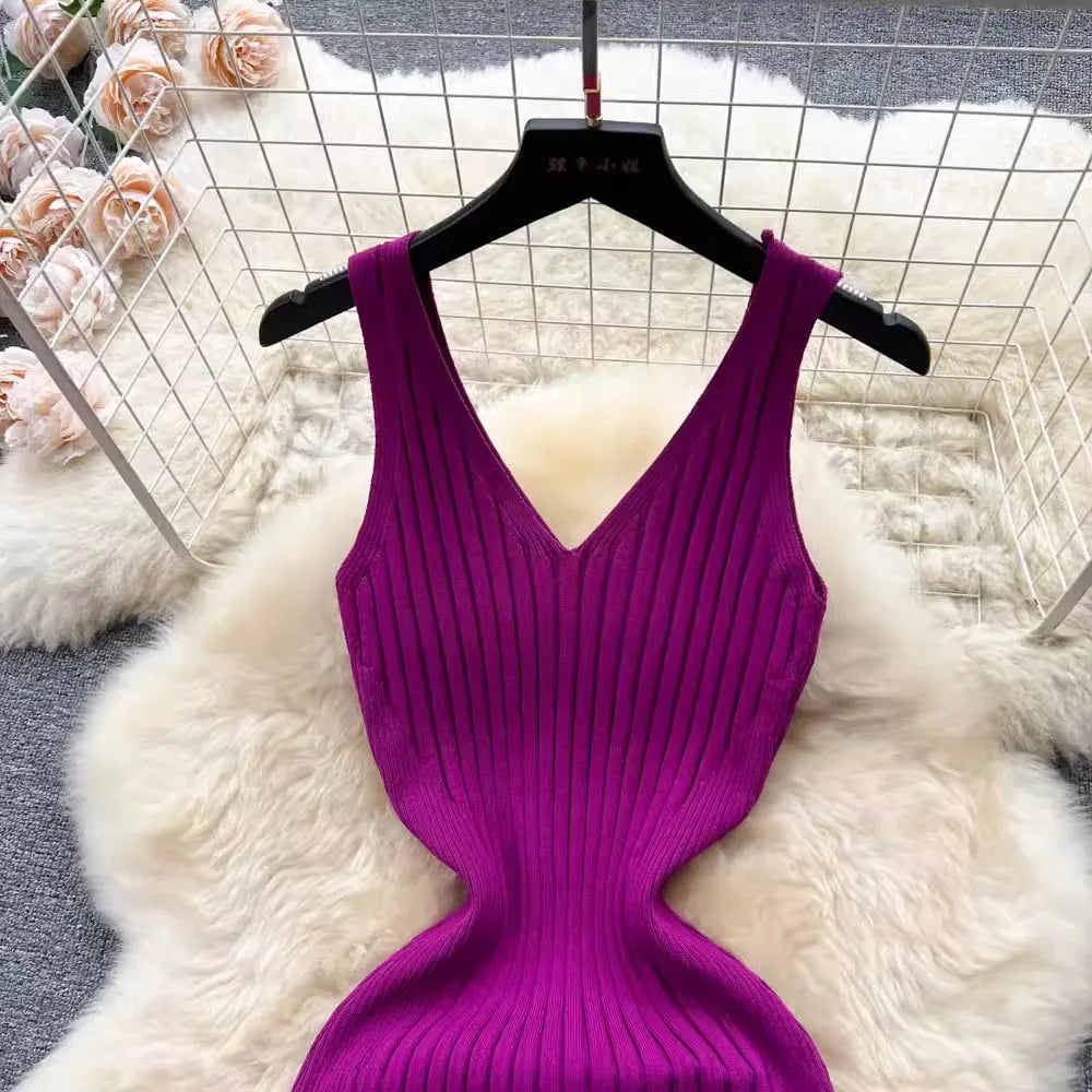 Women V Neck Solid Ribben Knitted Dresses Casual All Match Slimple Sexy Package Hips Bodycon Dress Elegant Vestidos Streetwear