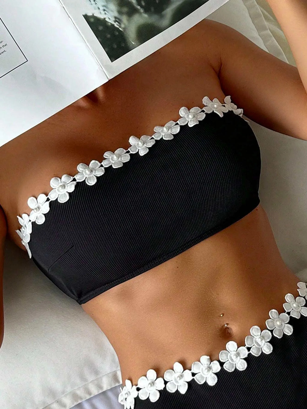 Sexy 3D White Flower Bandeau Push Up Bikini Swimwear Women Bikinis 2 Piece Swimsuit Bathing Suit Biquini Maillot De Bain Femme