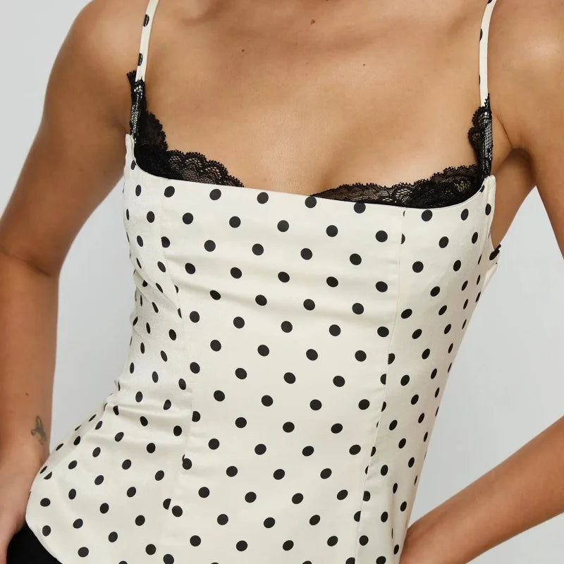 Women Polka Dot  Lace Trim Cami Top Sexy Backless  Sleeveless Slim Fitted Camisole Top Vintage Y2k Streewear