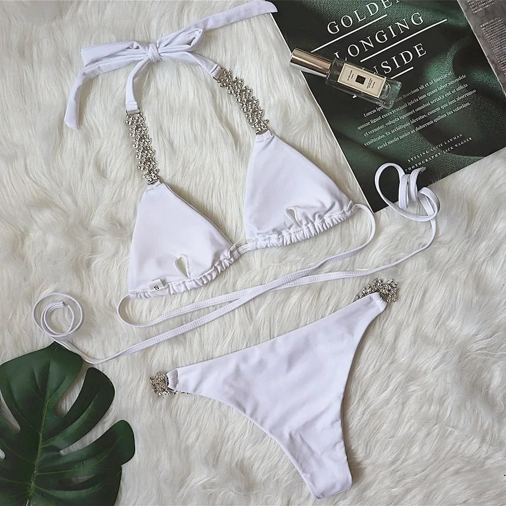 2025 New Women Diamond Bikini Halter Swimsuit Bandage Swimwear Rhineston Separate Bathing Suit Female Beach Bikini Set Low Waist