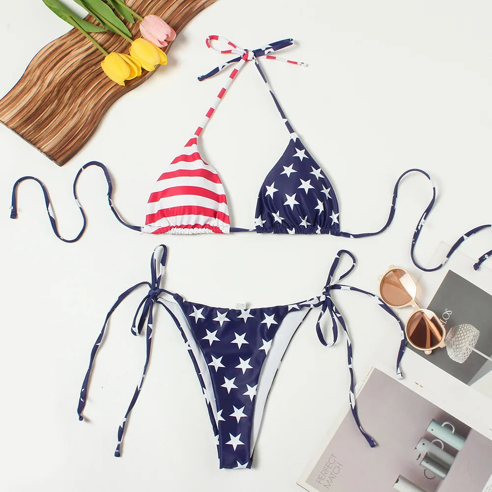 Sexy Bikini 2024 Women USA Flag Print Bra Underwear Lingerie Swimsuit Low Waist Bikinis Sets Beach Swimwear