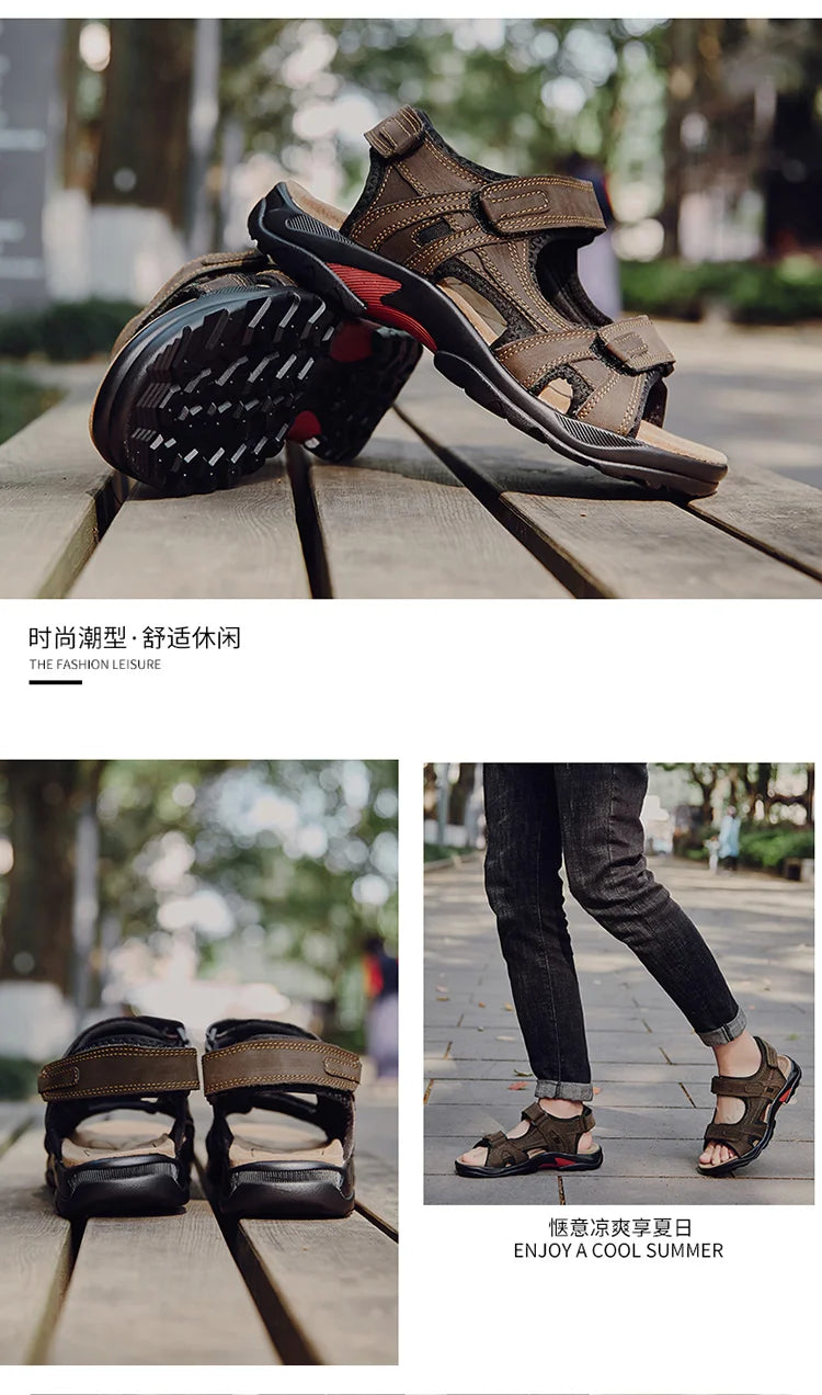 COW LEATHER Men's Sandals Outdoor Beach Sports Shoes Genuine Leather Roman Sandals Lightweight Open Toe Sandals Plus Size 38-48