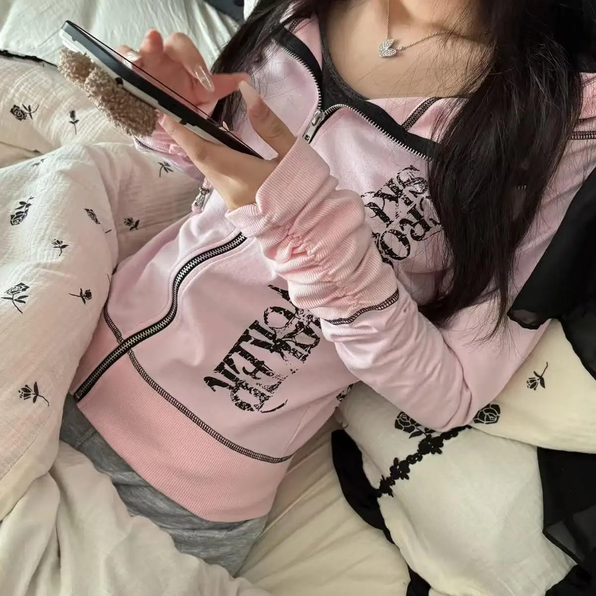 Women Hoodies Clothing Punk Sweatshirts Harajuku Streetwear Retro Hooded Jackets Japanese Rivet Print Casual Zipper Coat Fashion