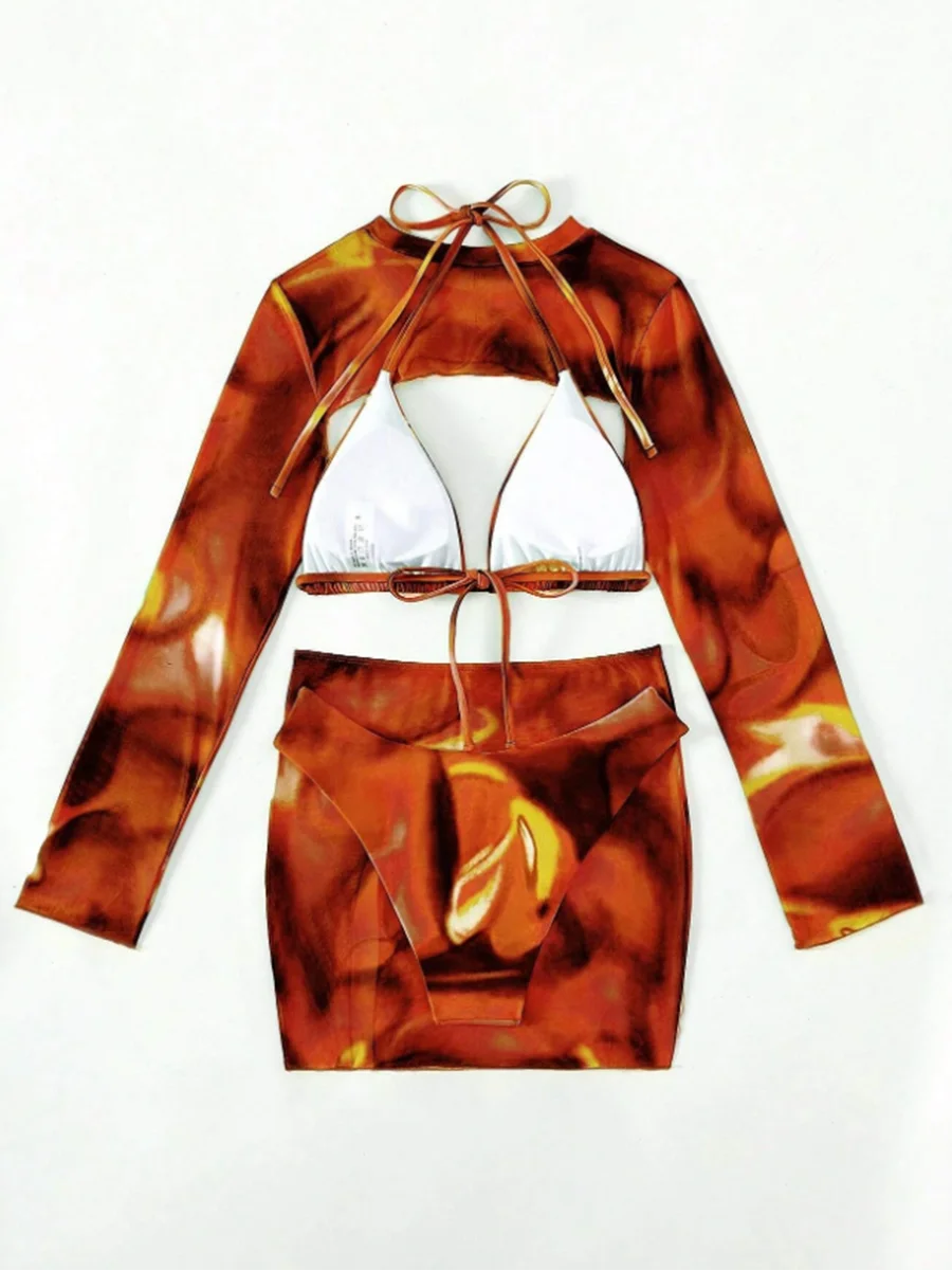2026 Print 4 Pieces Triangle Halter String Bikini Swimsuit Women Swimwear Female Bathers Bathing Swimming Swim Suit
