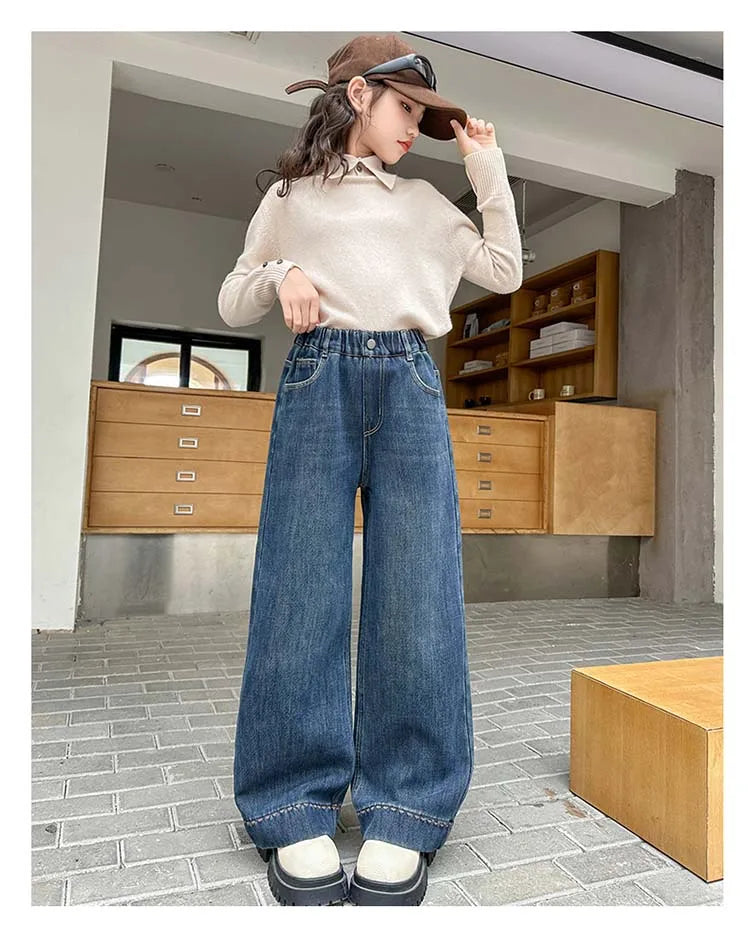 Elegant Children Insulated Jeans for Girls Fashion Heart Pocket Winter Warm Denim Pants Kids Child Fleece Lined Jeans Trousers