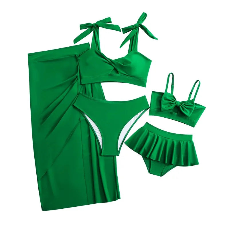2025 Summer Family Matching Swimsuit Bikini Mother Daughter Bow Swimwear Mom Baby Girls Clothing Set 3PCS Mom's Swimsuit Skirt