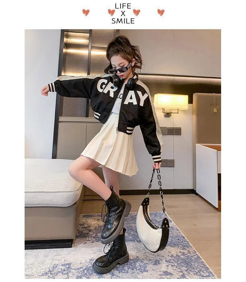 Girls Fashion Jacket 2024 New Teen Spring Autumn Coats Kids Letter Zipper Trends Windbreaker 4-14 Years Children Casual Clothing