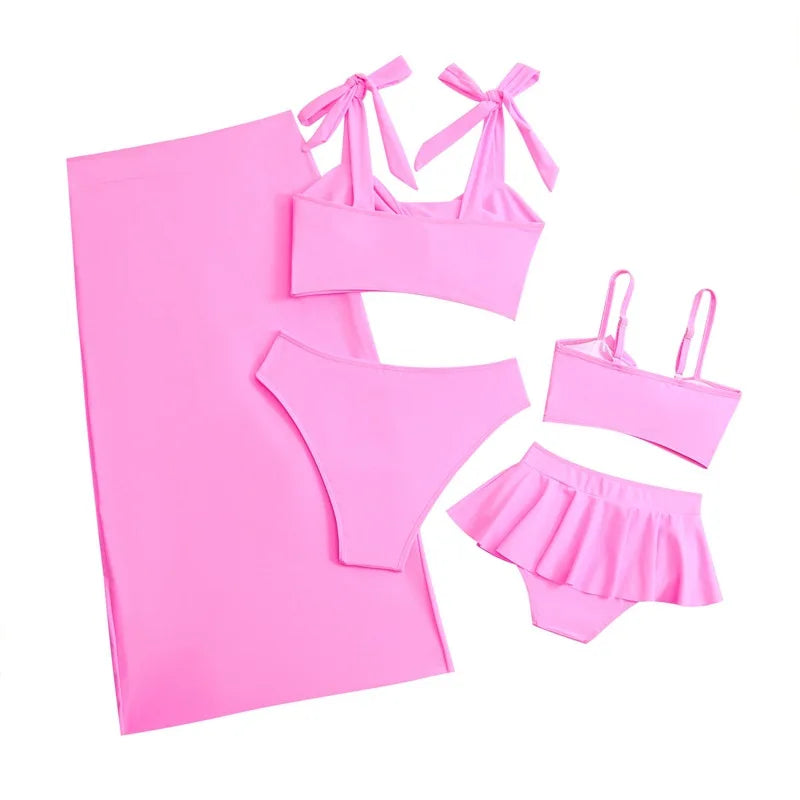 2025 Summer Family Matching Swimsuit Bikini Mother Daughter Bow Swimwear Mom Baby Girls Clothing Set 3PCS Mom's Swimsuit Skirt
