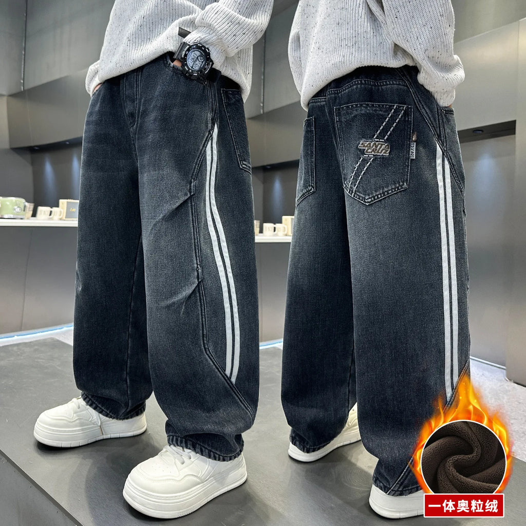 Boys Fleece Lined Jeans Side Stripe Autumn Winter Loose Soft Straight Leg Wide Denim Pants Warm Trousers for Teenage Children