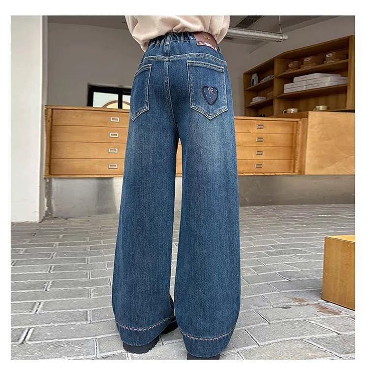 Elegant Children Insulated Jeans for Girls Fashion Heart Pocket Winter Warm Denim Pants Kids Child Fleece Lined Jeans Trousers