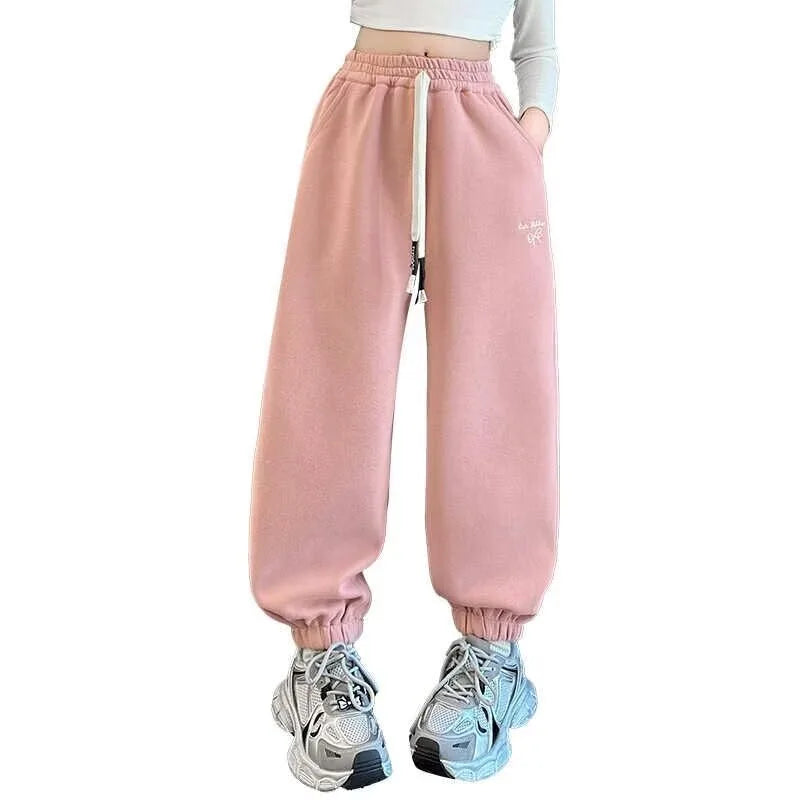 Causal Pants Girls Kids Loose Cotton Sports Pants 110-170 Black Pink Trousers for Children Spring Kids Clothing 2025