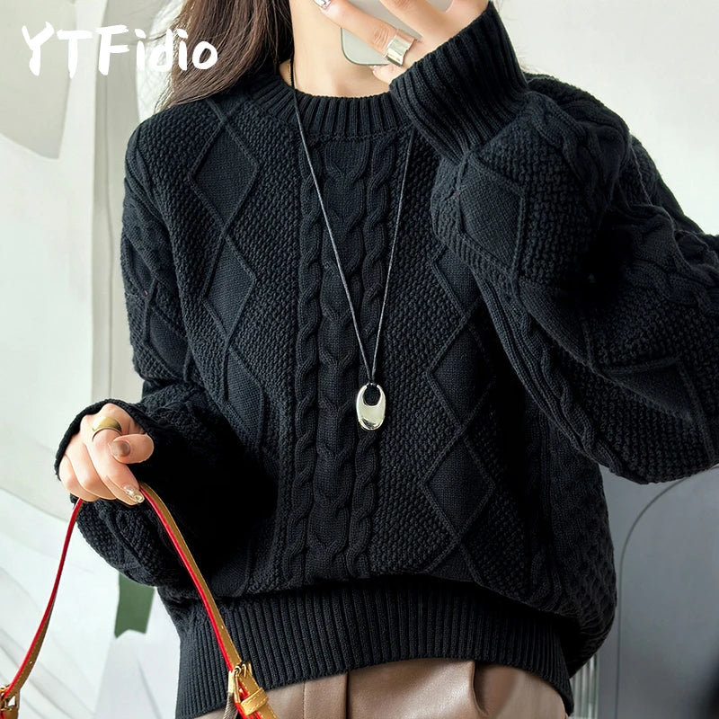 YTFidio 100% Cotton Women O-neck Thickened Twisted Flower Pullover Sweater Luxury Designer Clothing Plus Size 400