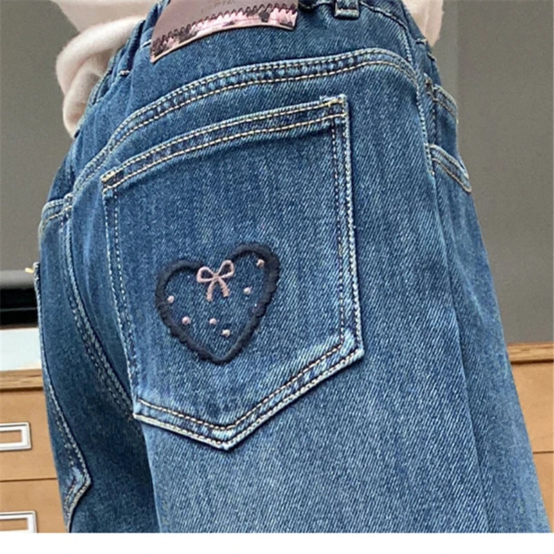 Elegant Children Insulated Jeans for Girls Fashion Heart Pocket Winter Warm Denim Pants Kids Child Fleece Lined Jeans Trousers