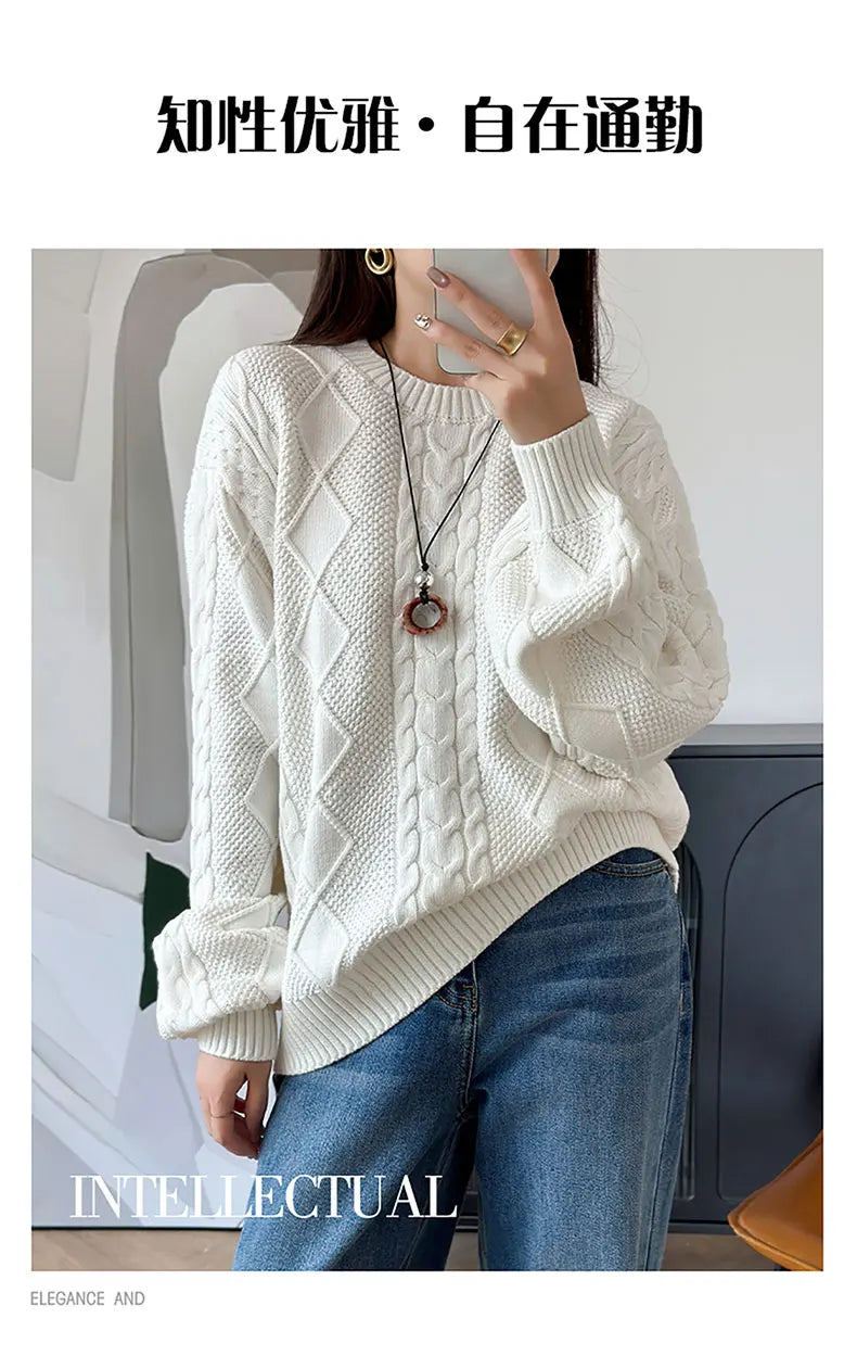 YTFidio 100% Cotton Women O-neck Thickened Twisted Flower Pullover Sweater Luxury Designer Clothing Plus Size 400