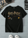HARRY POTTER Boys and Girls Broom Pattern Printed Fashion Loose Short Sleeve Cotton T-shirt Children/Adults Summer Casual Top