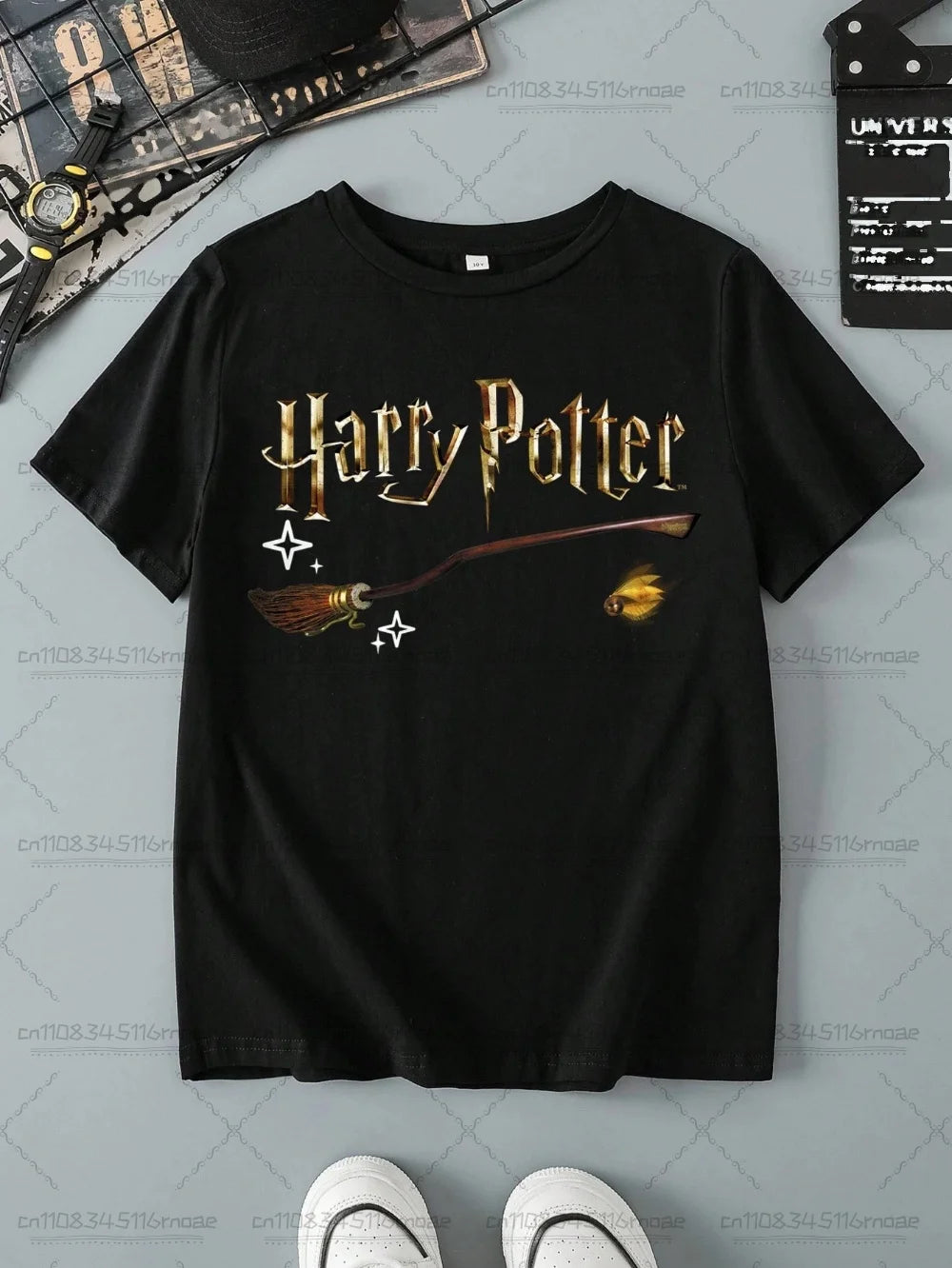 HARRY POTTER Boys and Girls Broom Pattern Printed Fashion Loose Short Sleeve Cotton T-shirt Children/Adults Summer Casual Top
