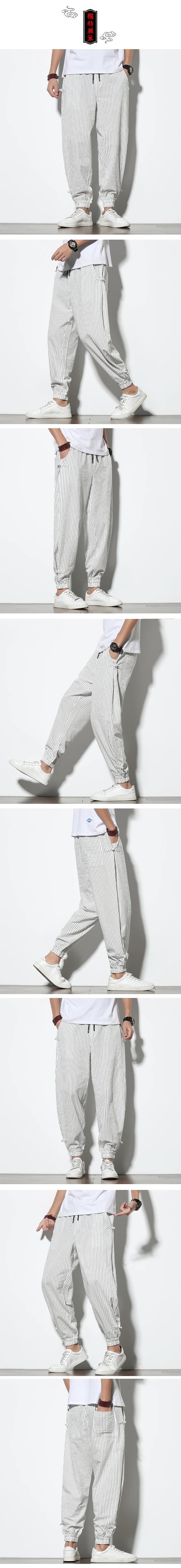 Japanese Style Summer Thin Section Stripes Harem Pants Men Cotton Fashion Disc Buckle Breathable Linen Pants Men Plus Size 5XL