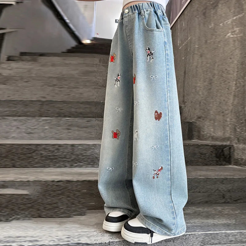 Autumn Girls' Jeans Cartoon Embroidered Children Denim Pants New Kids Loose Straight-leg Trousers Teenager Spring Clothing 4-14Y