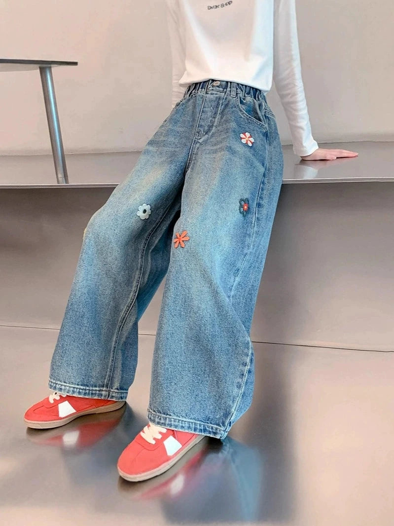 Teenagers Spring Girls Jeans Flower Children Trousers Autumn Girls Denim Wide Leg Pants Birthday Gifts 5-16 Years Kids Clothes