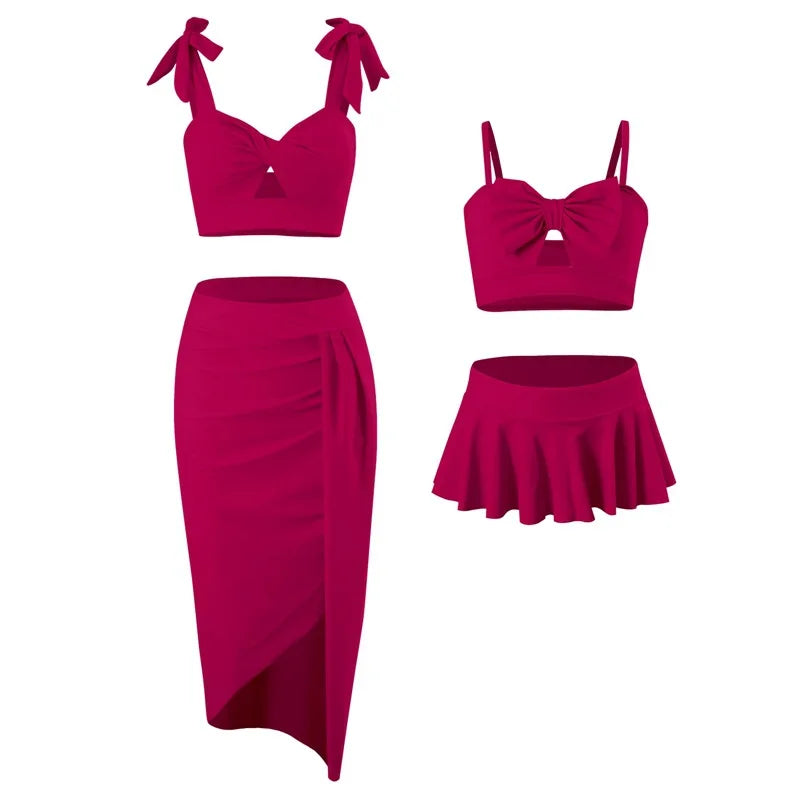2025 Summer Family Matching Swimsuit Bikini Mother Daughter Bow Swimwear Mom Baby Girls Clothing Set 3PCS Mom's Swimsuit Skirt