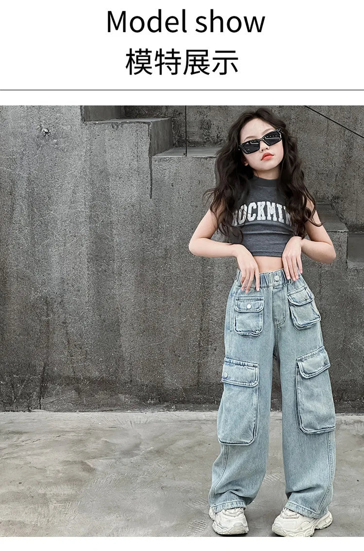 Girls Trousers Big Pocket Jeans 2025 Spring and Summer New Large Children Loose Cargo Pants Stylish Baggy Pants Simple Casual