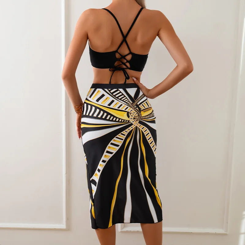 2026 3 Pieces Push Up Bikini Women With Beach Dress High Waist Swimsuit Female Padded Swimwear Bather Bathing Swimming Swim Suit