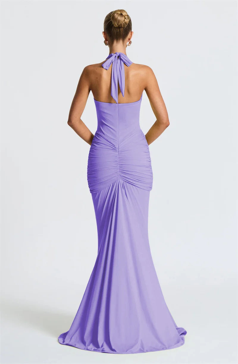 Mozision Deep V Neck Draped Ruched Sexy Maxi Dress Women Summer Fashion Halter Sleeveless Backless Club Party Long Dress Elegant