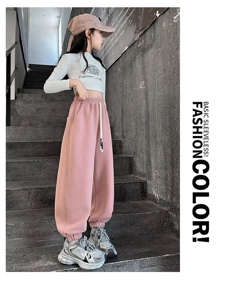 Causal Pants Girls Kids Loose Cotton Sports Pants 110-170 Black Pink Trousers for Children Spring Kids Clothing 2025