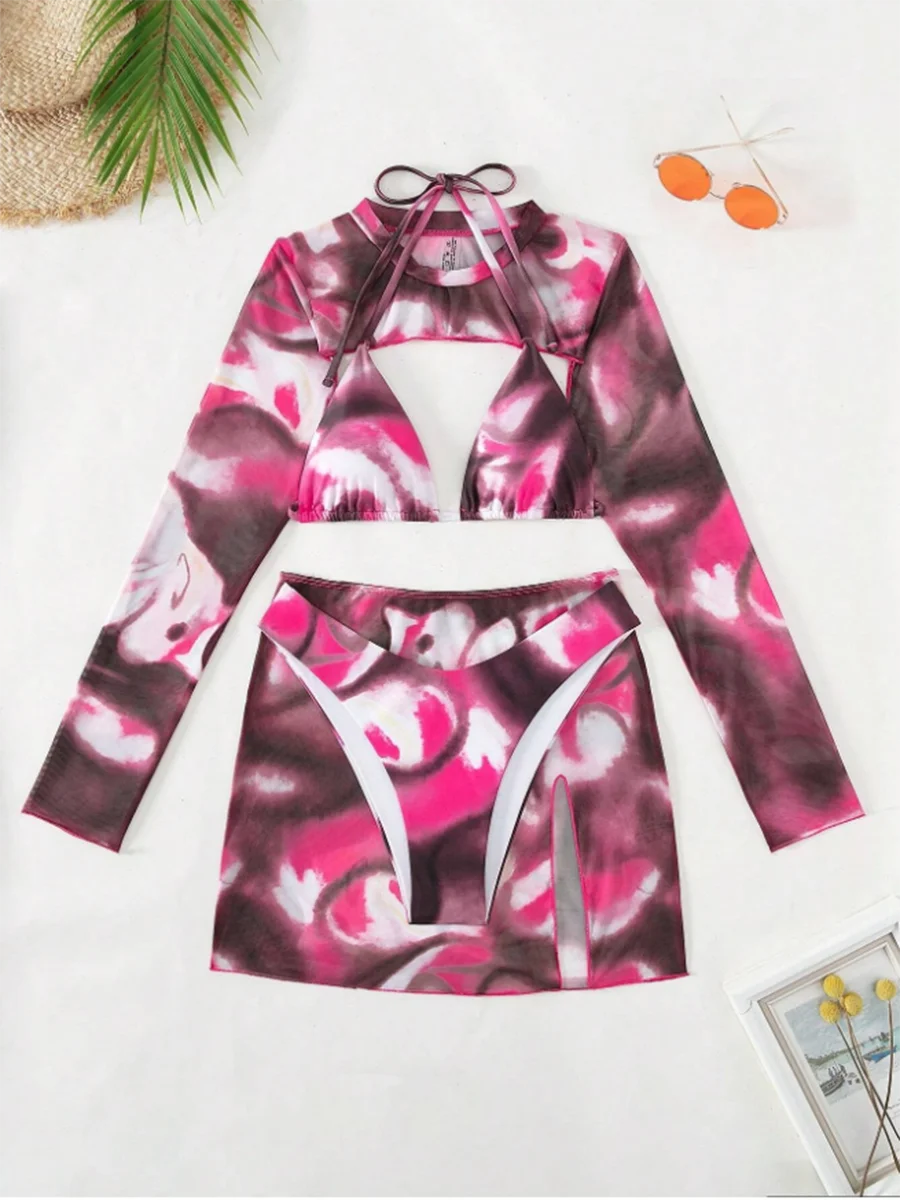 2026 Print 4 Pieces Triangle Halter String Bikini Swimsuit Women Swimwear Female Bathers Bathing Swimming Swim Suit