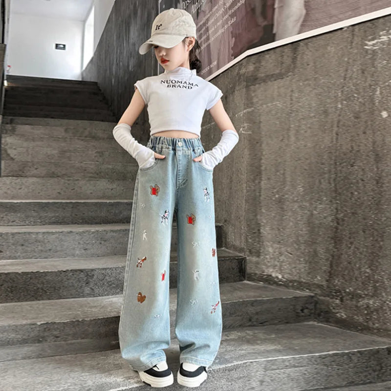 Autumn Girls' Jeans Cartoon Embroidered Children Denim Pants New Kids Loose Straight-leg Trousers Teenager Spring Clothing 4-14Y
