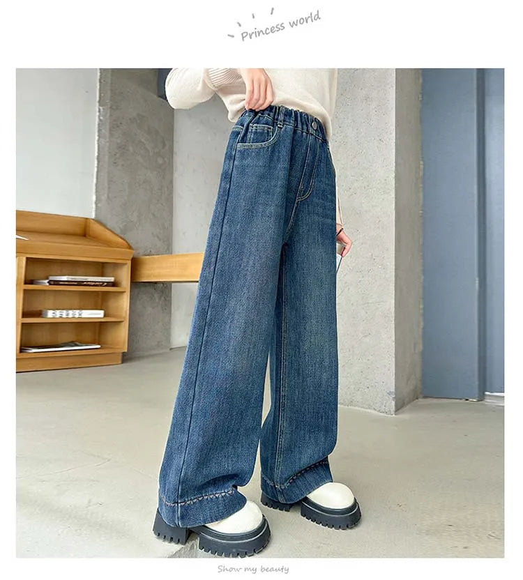 Elegant Children Insulated Jeans for Girls Fashion Heart Pocket Winter Warm Denim Pants Kids Child Fleece Lined Jeans Trousers