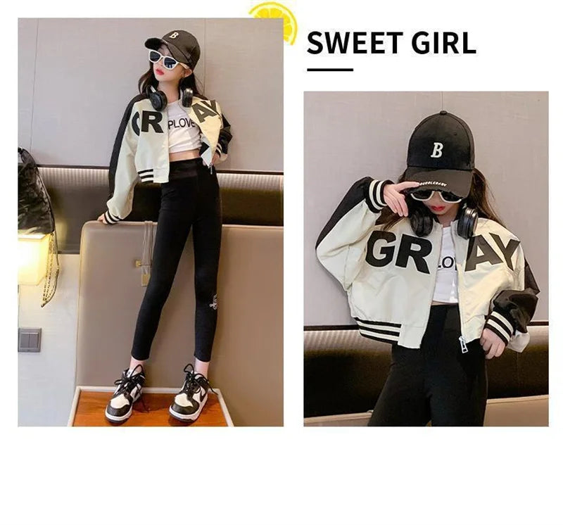 Girls Fashion Jacket 2024 New Teen Spring Autumn Coats Kids Letter Zipper Trends Windbreaker 4-14 Years Children Casual Clothing