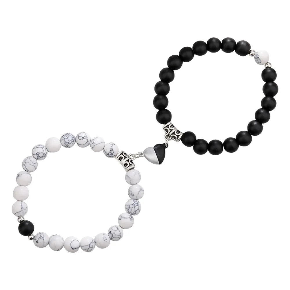 2Pcs/Set Natural Stone Beaded Heart Magnet Attraction Couple Bracelets For Women Men Simple Love Relationship Bracelet Jewelry