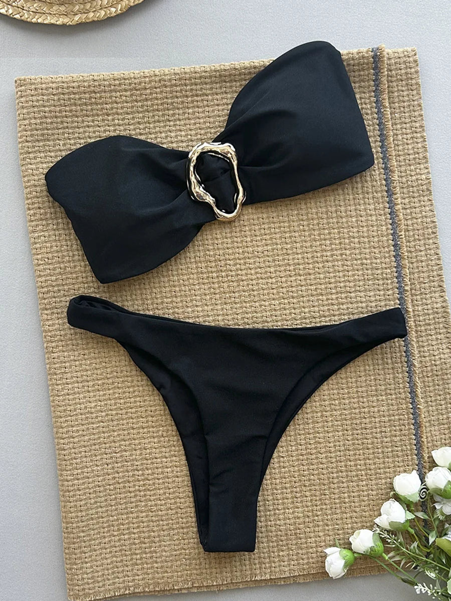 XS - L Metal Ring Bandeau Bikini Women Swimwear Female Swimsuit Two-pieces Bikini set Brazilian High Cut Bathing Suit Swim Lady