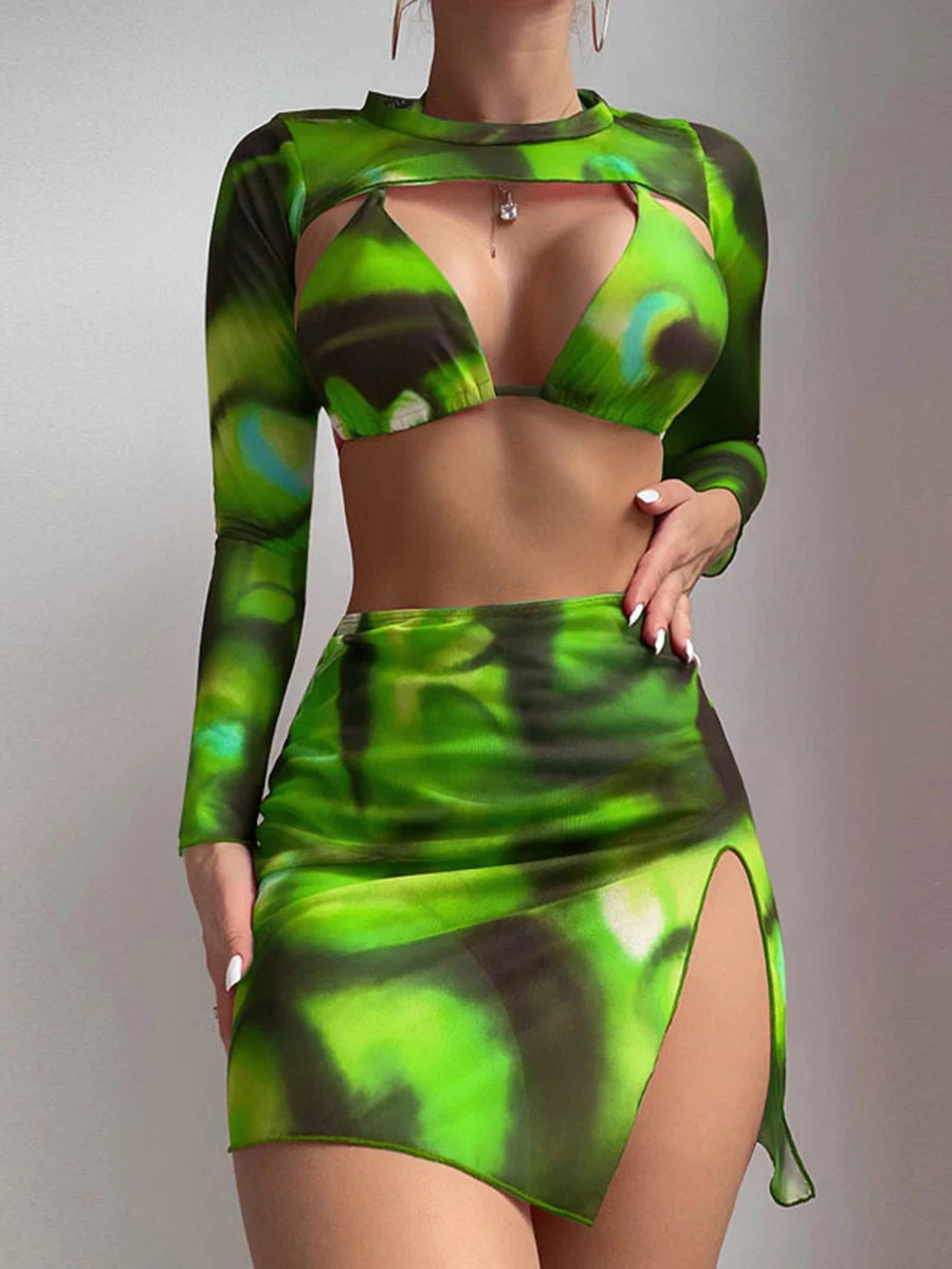 2026 Print 4 Pieces Triangle Halter String Bikini Swimsuit Women Swimwear Female Bathers Bathing Swimming Swim Suit