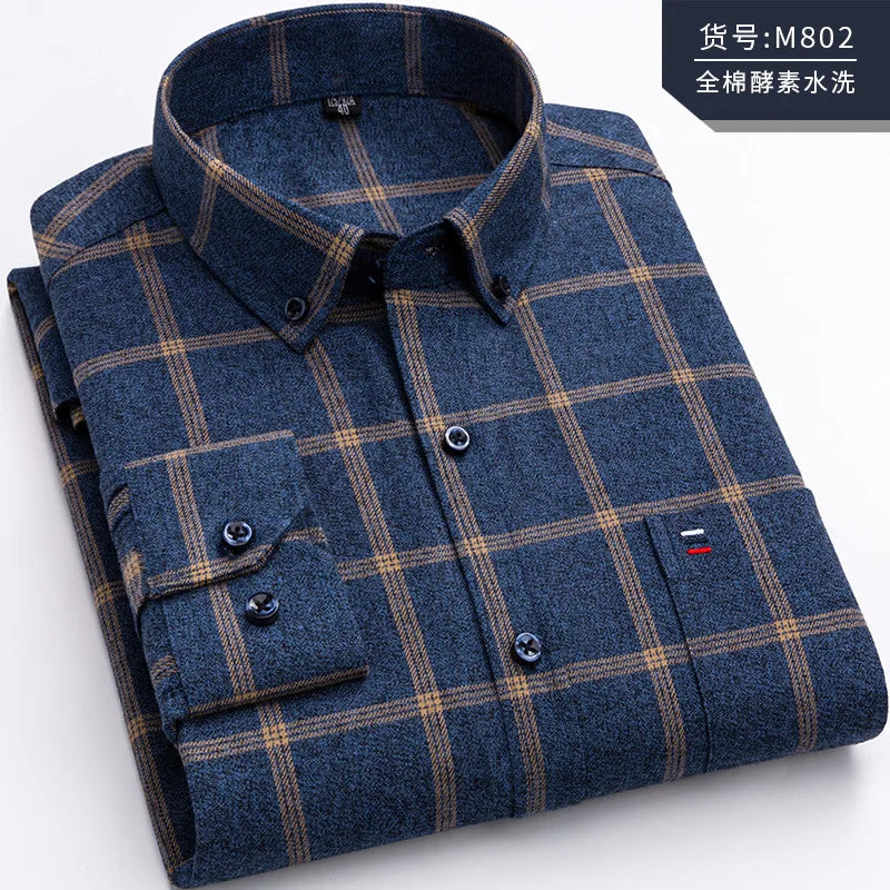 Pure Cotton Men's Plaid Shirt Long Sleeve Regular Fit Men Casual Oversized Shirt Leisure Autumn Spring Male Blouse New Plus Size