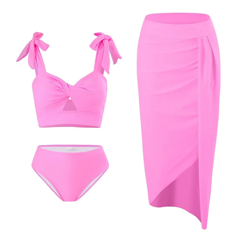 2025 Summer Family Matching Swimsuit Bikini Mother Daughter Bow Swimwear Mom Baby Girls Clothing Set 3PCS Mom's Swimsuit Skirt