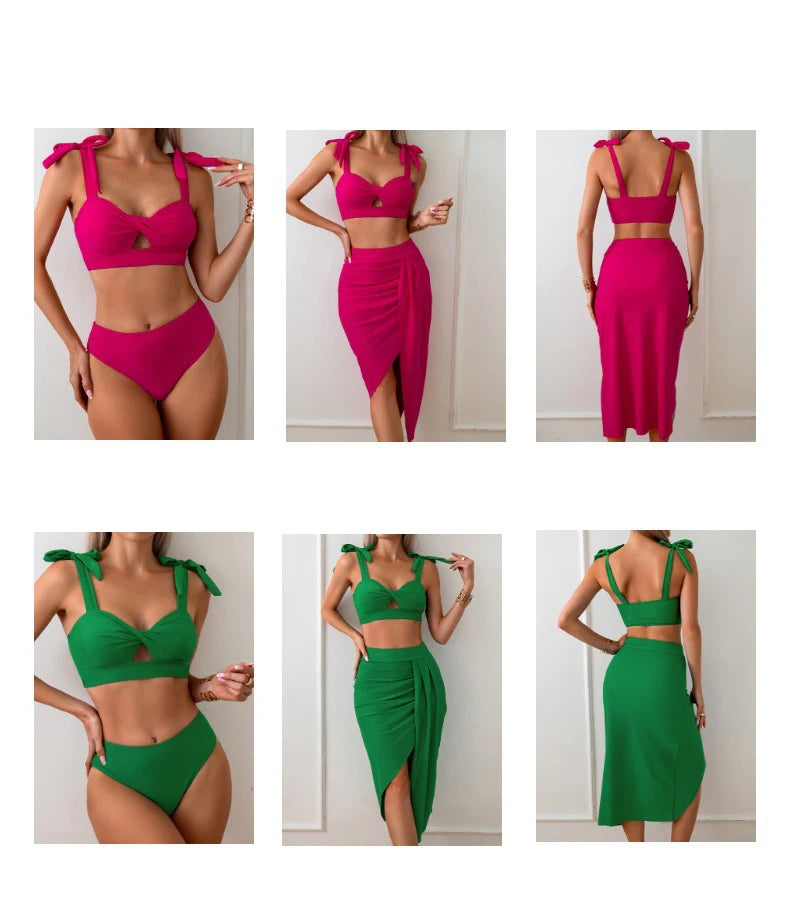2025 Summer Family Matching Swimsuit Bikini Mother Daughter Bow Swimwear Mom Baby Girls Clothing Set 3PCS Mom's Swimsuit Skirt