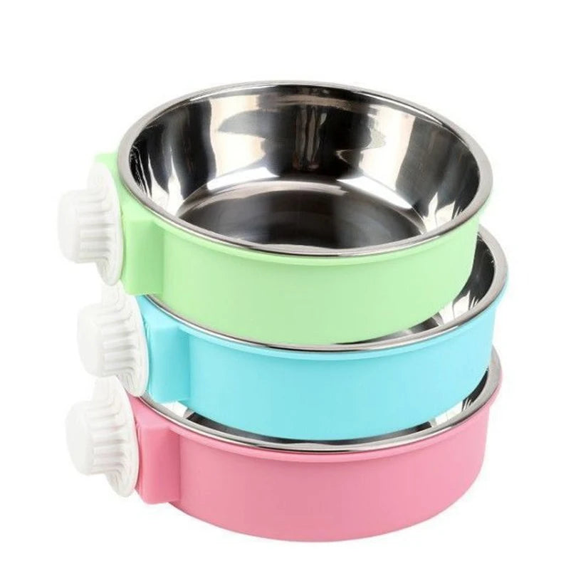 Pet hanging stainless steel dog bowl Cat bowl Food bowl anti-upset hanging cage Fixed water bowl fence Pet supplies